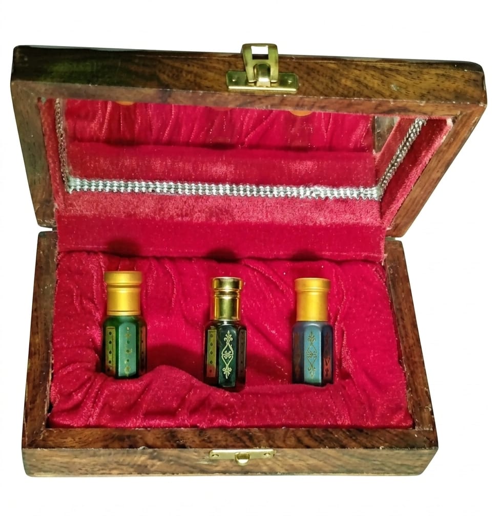 Orbitohm Royal Trio Luxury Attar Set - Elite, Luxe & Crown - 3x7ml Long Lasting Concentrated Perfume Oil in Premium Handcrafted Wooden Gift Box - Alcohol-Free Fragrance for Men, Women & Adults Regular
