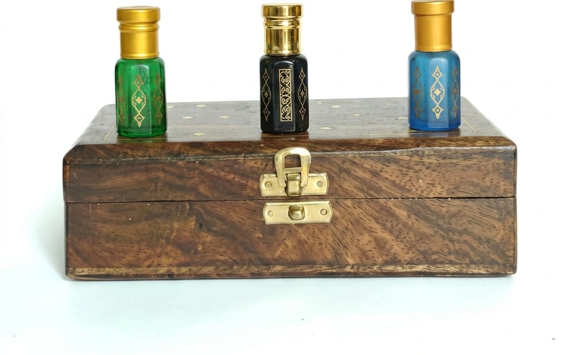 Orbitohm Royal Trio Luxury Attar Set - Elite, Luxe & Crown - 3x5ml Long Lasting Concentrated Perfume Oil in Premium Handcrafted Wooden Gift Box - Alcohol-Free Fragrance for Men, Women & Adults