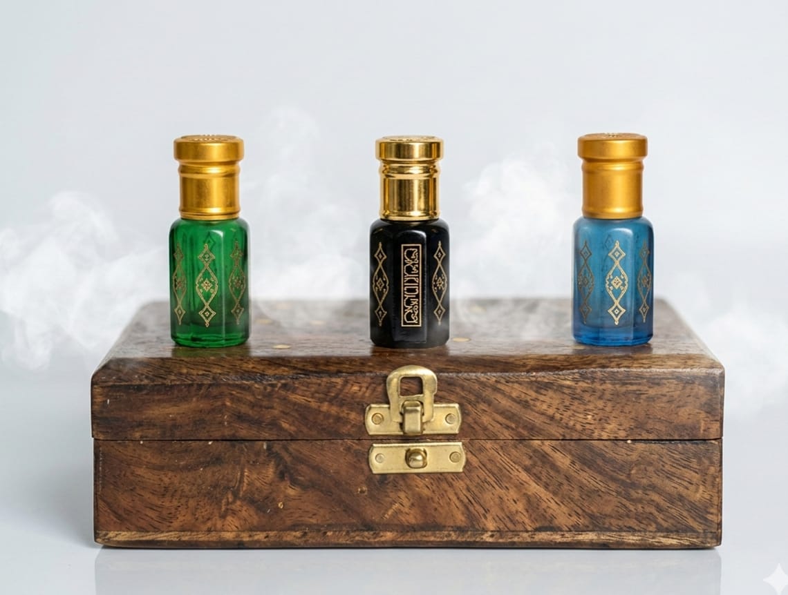 Orbitohm Royal Trio Luxury Attar Set - Elite, Luxe & Crown - 3x7ml Long Lasting Concentrated Perfume Oil in Premium Handcrafted Wooden Gift Box - Alcohol-Free Fragrance for Men, Women & Adults Regular
