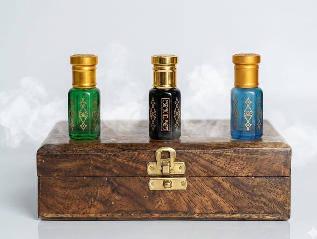 Orbitohm Royal Trio Luxury Attar Set - Elite, Luxe & Crown - 3x5ml Long Lasting Concentrated Perfume Oil in Premium Handcrafted Wooden Gift Box - Alcohol-Free Fragrance for Men, Women & Adults