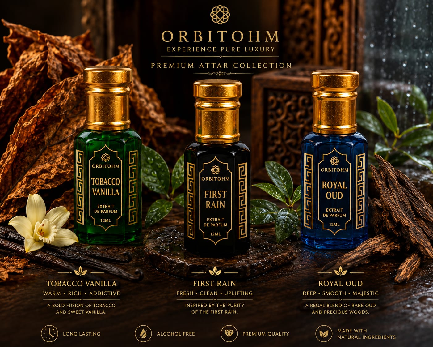 orbitohm premium attar luxury gift set (3 x 6ml) | tobacco vanilla, first rain (mitti), royal oud | long lasting, alcohol free pure extrait de parfum fragrance collection for men & women orbitohm premium attar luxury gift set (3 x 6ml) | tobacco vanilla, first rain (mitti), royal oud | long lasting, alcohol free pure extrait de parfum fragrance collection for men & women