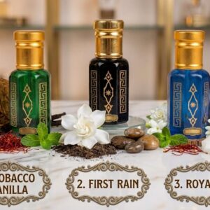 orbitohm premium attar luxury gift set (3 x 6ml) | tobacco vanilla, first rain (mitti), royal oud | long lasting, alcohol free pure extrait de parfum fragrance collection for men & women